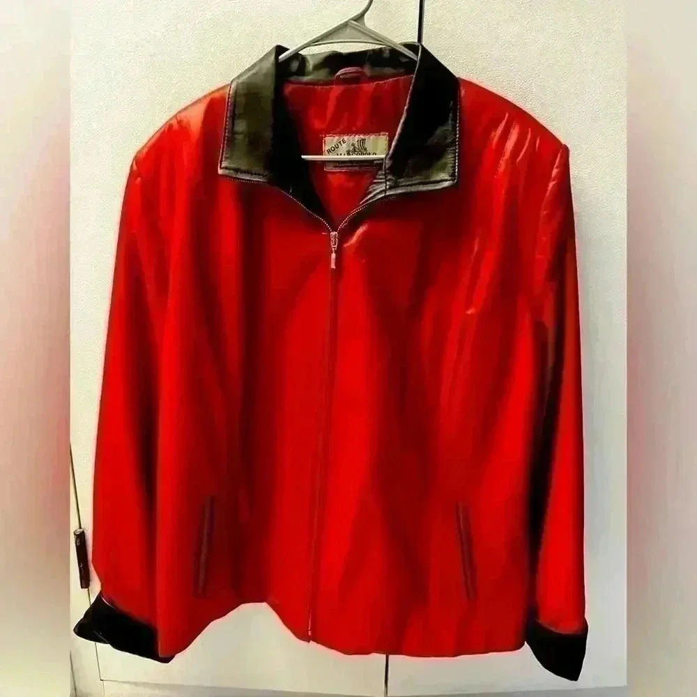 Route‎ Marcopolo Red and Black Soft Italian Lambskin Leather Jacket Womens Sz XL